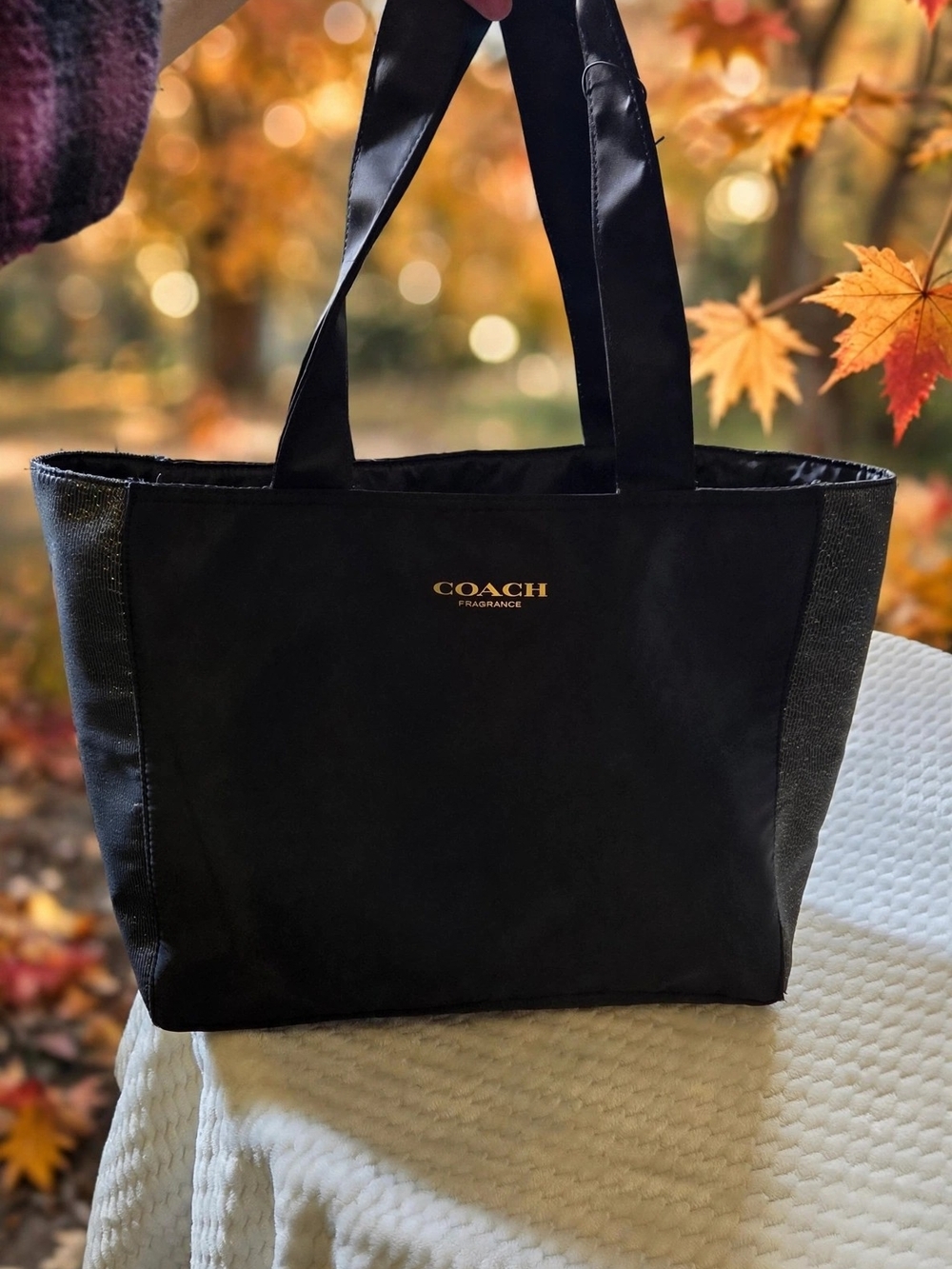 Coach Fragrance Black Tote Bag Gold Logo Glitter Side Panels.